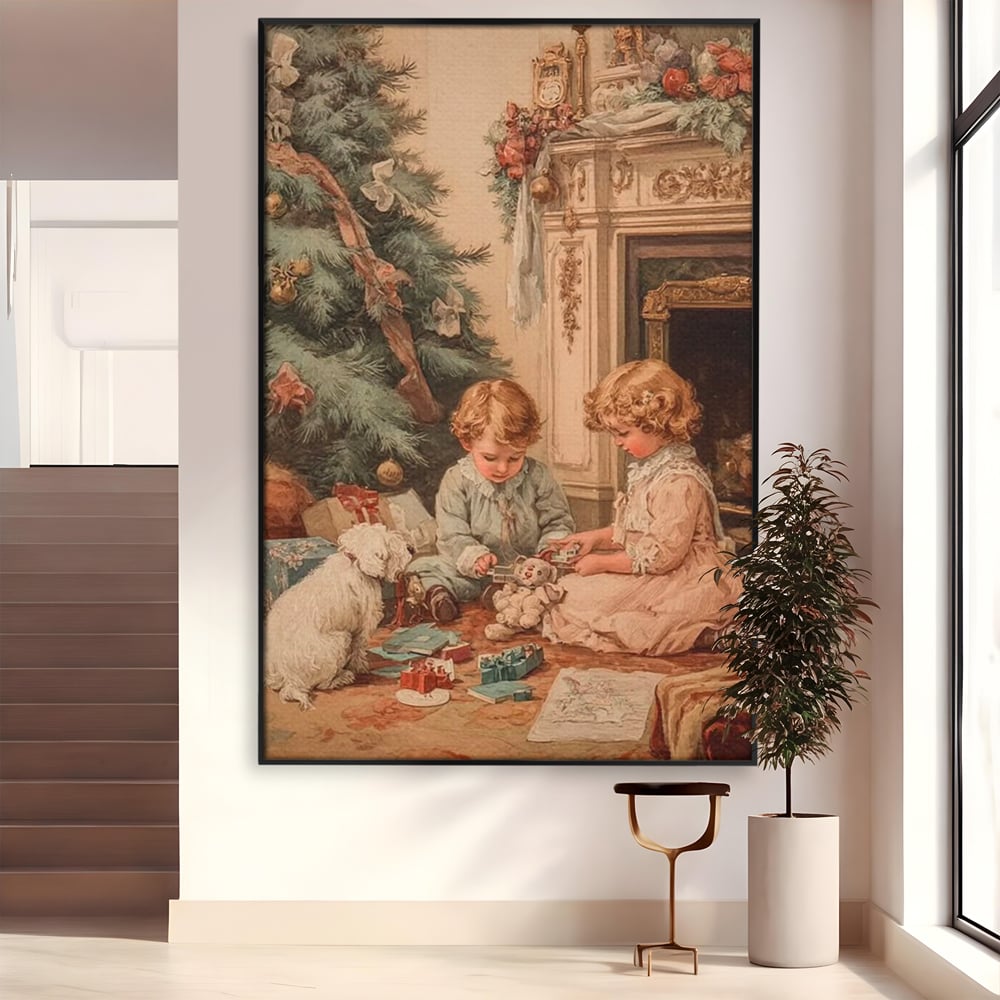 Tablou canvas cu ilustratie vintage cu copii langa bradul de craciun, in rama de aluminiu negru